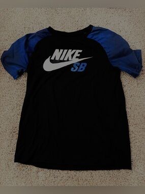 Nike Black Tee with Blue Raglan Sleeves and White Logo